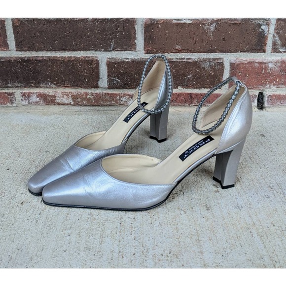size 8.5 vintage y2k SILVER Beaded Ankle Strap FUTURISTIC HEELS square toe - Picture 4 of 10